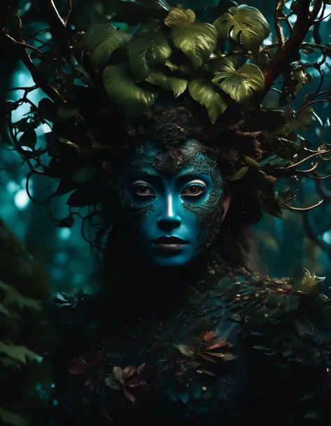  cinematographic photograph ,  filmed by Guillermo del Toro ,  Amidst a dark and deep forest ,  an enigmatic being appears - an amalgam of flora and fauna, with vines for hair ,  Eyes glowing like embers , and skin adorned with iridescent scales 