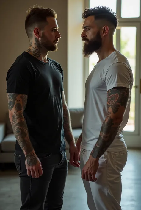 1 regular man 30yo , not muscled, with a beard, and many Tatoos, with a black t shirt & a black jeans. he is watching another regular man 30yo , not muscled, no Tatoo, with a white t shirt & a white pants.
 