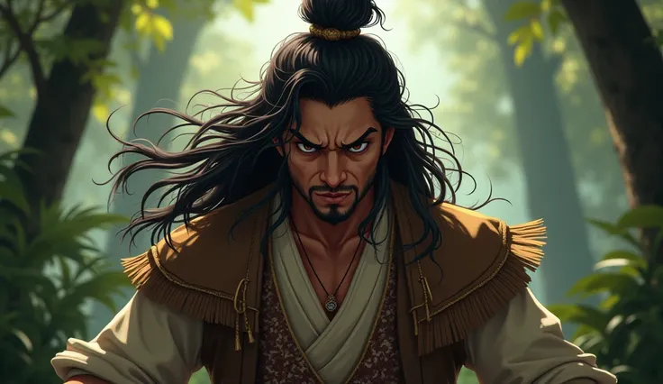  Bandung Bondowoso a dashing prince with long hair in a bundle, big angry facial expressions scream serious, In the middle of the forest
Realistic 18k very detailed