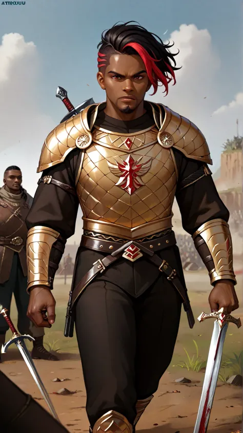 Create a dark-skinned African black man, With short black dread hair with red highlights, with goatee,  with blood red eyes ,  bronze armor with gold and diamond details black stones in, fighting with swords on a battlefield.   Dynamic Close-up 