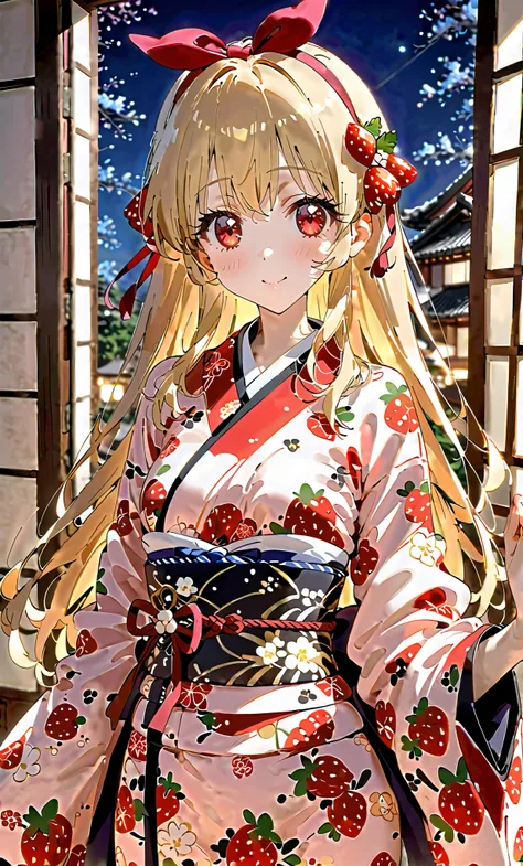 Wholesome, (red ribbon on headband: 1.2), girl in a very beautiful strawberry kimono, strawberry kimono, luxurious obi, clothes, small breasts, New Year's, blonde hair, red eyes, red jewel ribbon, best shot, more Breast up, line of sight, Ichigo Hoshimiya,...