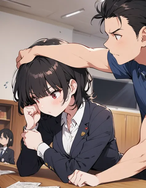  in the seat、(  black hair、 short hair:1.2)、( high school students、uniform)、(Do arm wrestling with friends)、Brave look、 school classroom、( top quality、 Masterpiece、 high resolution、  Details)Animeスタイル、 Flat Style 、( Eyeliner、  Details美しい顔),  break,Anime