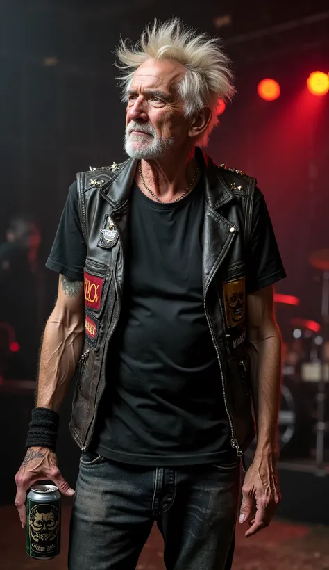 A man of about 60 years old with punk hair, wearing a plain black shirt, thin, worn out jeans, wearing a worn out leather vest, some broken spikes on his shoulder, front view, scenery of a punk rock show backstage, holding a black face beer can