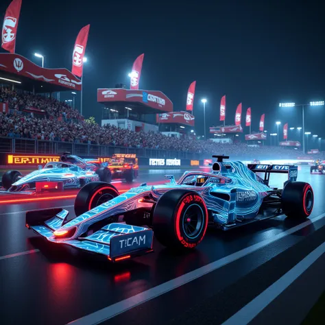 score_9, score_8_up, score_7_up, score_6_up, score_5_up, score_4_up, source_real photo, Create a dramatic depiction of a night race on a circuit at night, with F1 cars decorated with holographic advertising designs racing around the circuit, the trails of ...