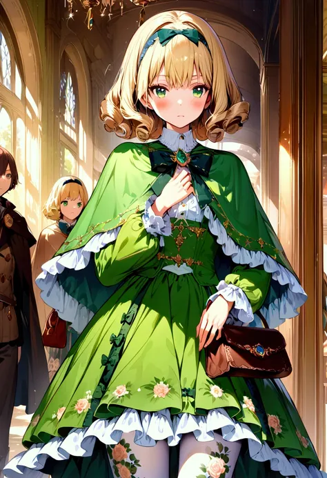 (masterpiece),(best quality),(ultra-detailed),(best illustration),(best shadow),(detailed background),1girl, blonde-hair, green-eyes, pantyhose, hairband, short-hair, frills, gem, green-dress, jewelry, brooch, solo, lolita, white-pantyhose, capelet, standi...