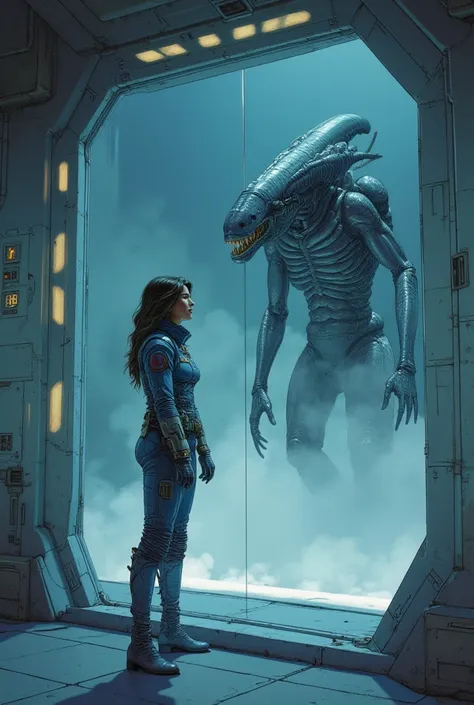 Lieutenant Ellen Ripley standing in friont of  a glass wall through which you can see a xenomorph (from the alien movie franchise), partially hidden by steam. Science fiction futuristic. In the style of Jean Giraud art