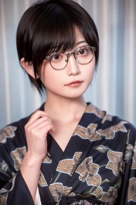 short dark hair, half body shot, realistic, rimless glasses, open mouth, Japanese Inns, Relaxed yukata, masterpiece, best quality, 8k, super detail