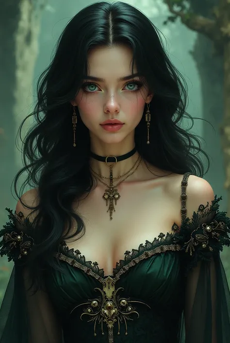 beautiful girl with black hair and green eyes in costume 