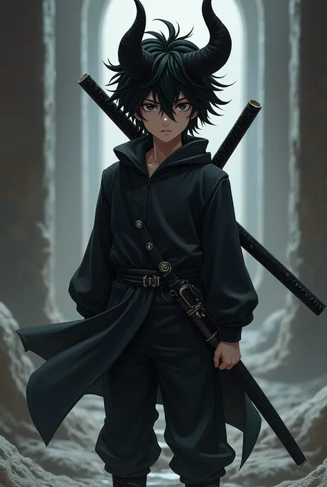 Draw a black-haired boy with 2 black horns wearing black clothes and who has 2 katanas on his back