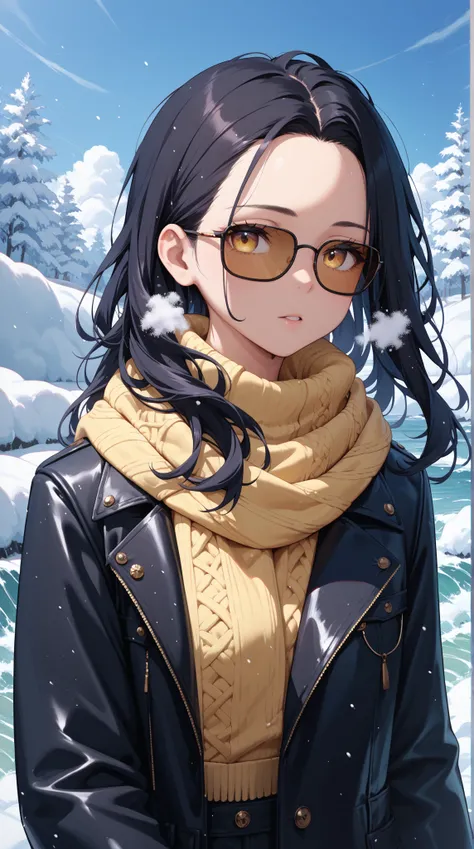 (throw:1.4),heavy snow,cold,Freezing, tremble, White Breath, black hair, long wave hair,Forehead,(White,Sow a scarf around your neck),yellow turtleneck,Black jacket,Black gloves, sunglasses,