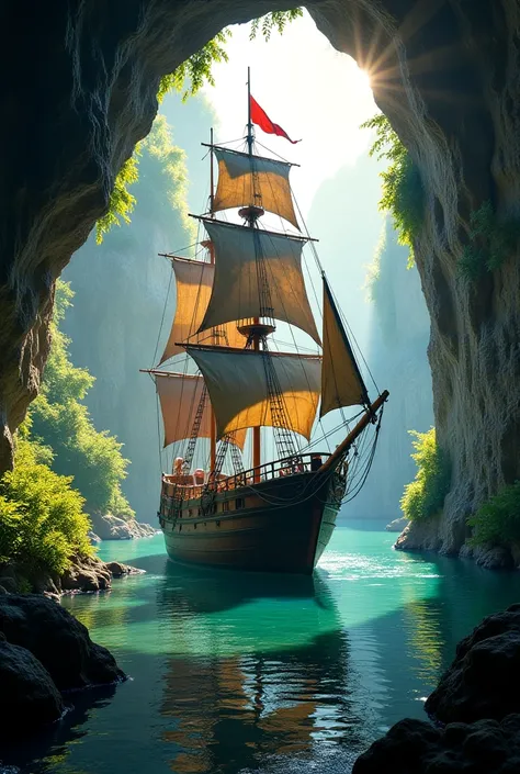 score_9, score_8_up, score_7_up, score_6_up, pirate ship, three masts, large size, split in half, trapped in a cave, walls full of green plants, sun rays coming from above, giant baego, cave with shallow water