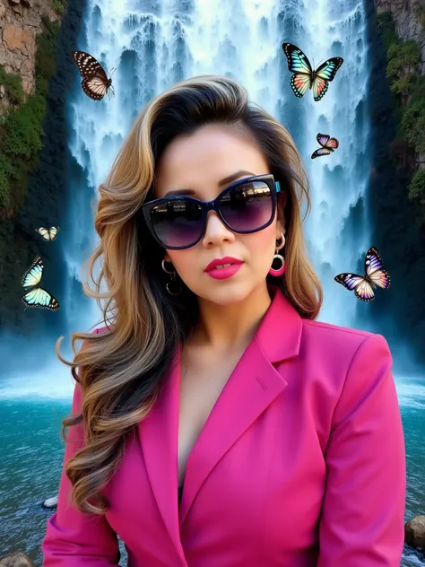 a work of art to win a contest. A very close up of a 30-year-old woman in a pink suit and sunglasses. butterflies flying. In the background there is a waterfall .