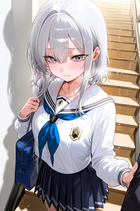 Beautiful schoolgirl with silver hair climbing the stairs covering the back with one hand while watching you with her hand signal shh