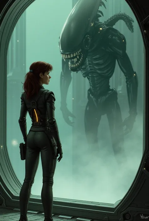 Lieutenant Ellen Ripley standing in friont of  a glass wall through which you can see a xenomorph (from the alien movie franchise), partially hidden by steam. Science fiction futuristic. In the style of Jean Giraud art