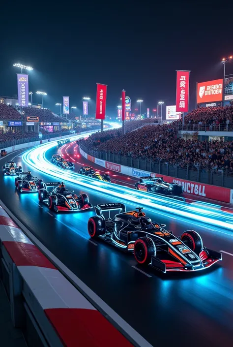 score_9, score_8_up, score_7_up, score_6_up, score_5_up, score_4_up, source_real photo, Create a dramatic depiction of a night race on a circuit at night, with F1 cars decorated with holographic advertising designs racing around the circuit, the trails of ...