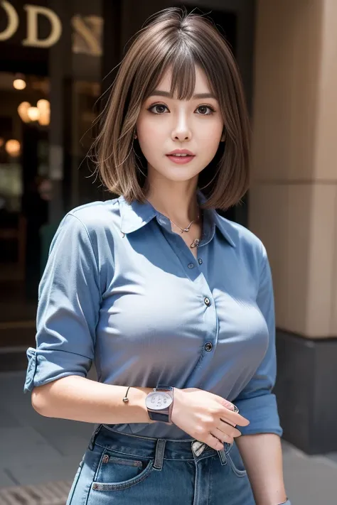 (UHD, masterpiece, anatomically correct, textured skin, super detail, best quality, 8k,  sharp focus ,  professional lighting )、40-year-old woman、1 mature woman 、Classy Housewife  、HOLIDAY DATING 、 one length hair、dark brown hair、Straight medium hair、Plus ...