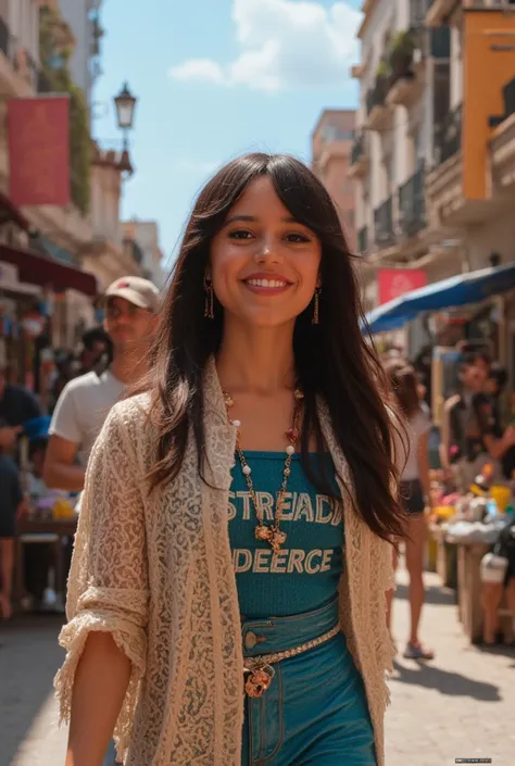 Jenna_Ortega, She's walking down a street full of people with a very happy face