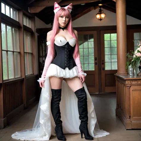  1 girl,  slim ,  pink straight long hair, zopf , Cat ears,  masterpiece ,  anatomically correct  , UHD,  Super detailed , further away , knee-high boots, long arm warmers , wedding dress corset ,  realistic  , hut,,  small breasts,  View creator; 
