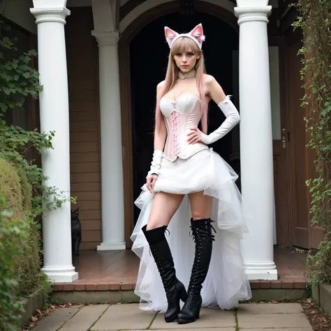  1 girl,  slim ,  pink straight long hair, zopf , Cat ears,  masterpiece ,  anatomically correct  , UHD,  Super detailed , further away , knee-high boots, long arm warmers , wedding dress corset ,  realistic  , hut,,  small breasts,  View creator; 
