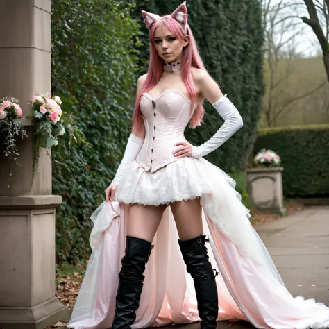  1 girl,  slim ,  pink straight long hair, zopf , Cat ears,  masterpiece ,  anatomically correct  , UHD,  Super detailed , further away , knee-high boots, long arm warmers , wedding dress corset ,  realistic  , lock,,  small breasts,  View creator; 
