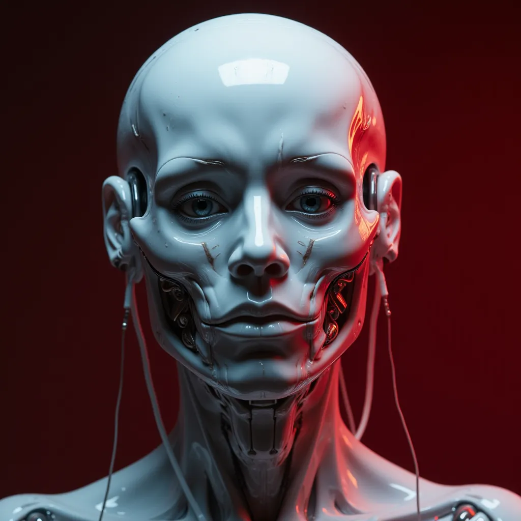 (Best Quality,high resolution,Masterpiece, close up portrait:1.2),Ultra-detailed, photography of a skulled face cyborg, lucid plastic cranium, lucid plastic face, cyber skull on minimal fading background, red and black background, hyper realistic, dark sci...