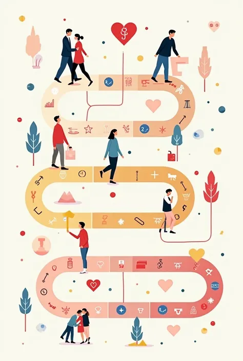 A board game for couples to help them in their relationship. The design should be A winding path with spaces for movement, events, decisions, and milestones.
- **Color Coding:** Use different colors for each phase of the relationship (e.g., Dating = Pink, ...