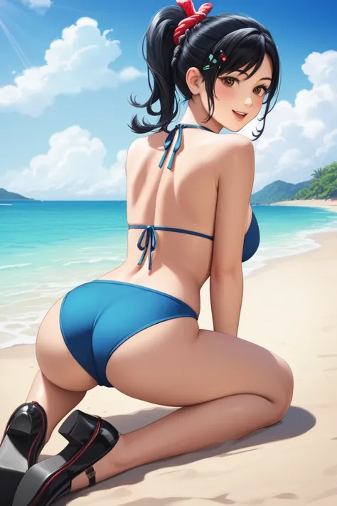 (((masterpiece))), ((best quality)), ((ultra-detailed)), (illustration), (detailed light), (an extremely delicate and beautiful), source_cartoon, source_anime, vane11op3, black hair, ponytail, hair ornament, brown eyes, black footwear, sexy girl in sky blu...