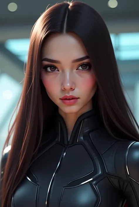  I need you to make me a futuristic design of a age girl with long, smooth hair and dark brown tone,  black eyebrows and dark eyes and small slanted eyes ,  normal nose and normal pink lips ,  the theme is futuristic and my character is captain 