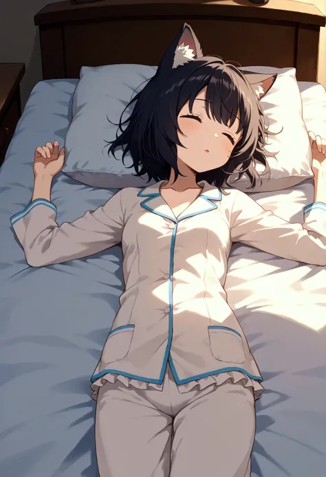 very awa, masterpiece, best quality, newest,  highres, absurdres、 1 、Cat girl、 small breasts 、 dark hair、Village with a snowy landscape 、 white pajamas、 is sleeping on a futon