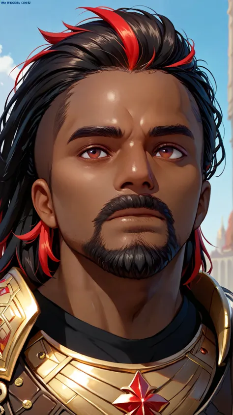 Create a dark-skinned African black man, With short black dread hair with red highlights, with goatee,  with blood red eyes , bronze armor with gold and diamond details, black stones, looking up to the sky, third-person perspective view