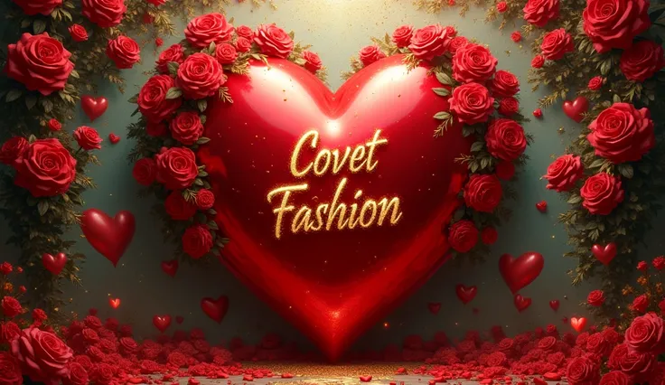 shiny oil paint, oil painting style,  realistic oil painting Midjourney Art 
A giant heart with red flowers, Covet fashion written on the heart in shiny gold letters 
In the background a grove of red roses, With red and gold hearts, A lot of brightness
Dro...