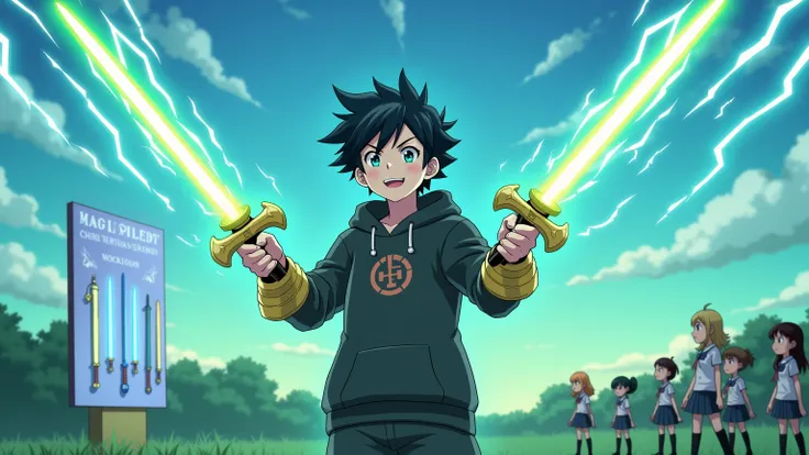 anime style, epic scene in a fantasy world. In the center, the main character is a young guy with dark, slightly tousled hair and a confident smirk. He is dressed in a black or dark gray hoodie with an emblem on the chest, and his hands are covered with go...