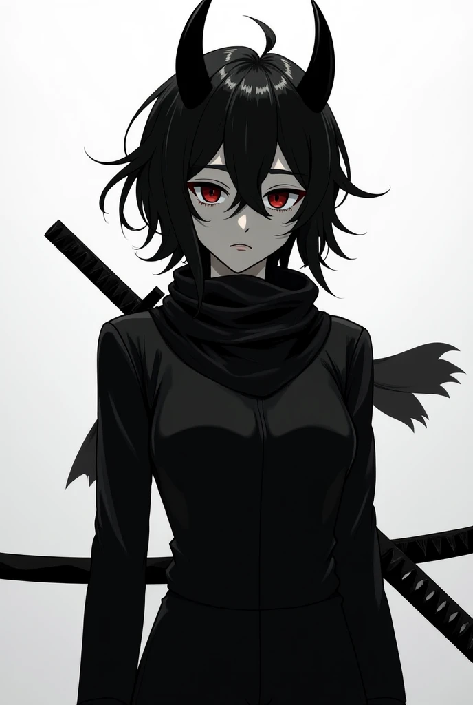  Make an anime character (chico) in black and white with black clothes,  2 Black horns ,  black hair, with a black necklace similar to a scarf and with a katana on the back 