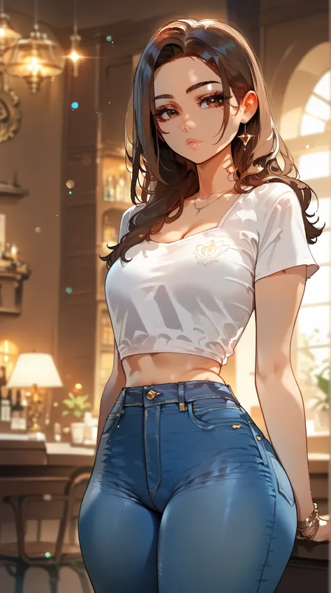 score_9, score_8_up, 1girl,score_9, score_8_up, 1girl,hourglass body,latina skin, wide hips, thick thighs, brown hair,uneven bangs,hazel eyes, indoors, Bokeh, Backlighting, casual blue denim jeans, fabulous blouse