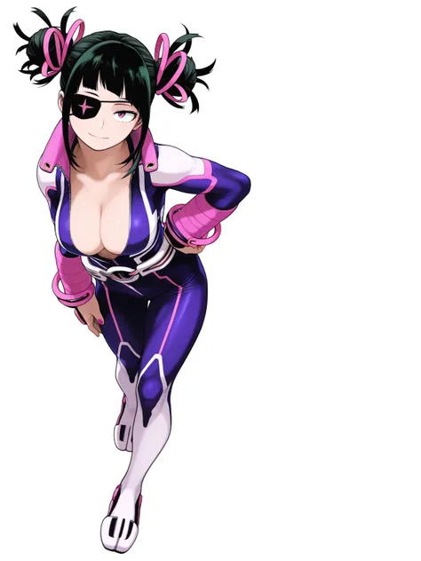 JuriST6, Outfit1, Fair skin, Pink eyes, Eye patch on left eye, Pink nails, Black hair, Hair in two high buns, Hair decorated with pink rings, Full body tight suit, Deep neckline, Highlighting the cleavage, Dark purple and pink suit, Toned body, Large breas...