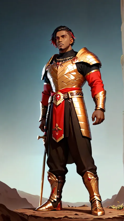 Create a dark-skinned African black man, With short black dread hair with red highlights, with goatee,  with blood red eyes , bronze armor with gold and diamond details, black stones looking up at the sky ,  full body image ,Dynamic Close-up 