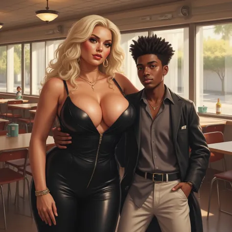 painting realistic 3d color the white blonde milf cleavage mother 50 years poses  de pie with niño adolescente negro 15 años, in cafeteria, ella viste muy sexy estilo beverly hills