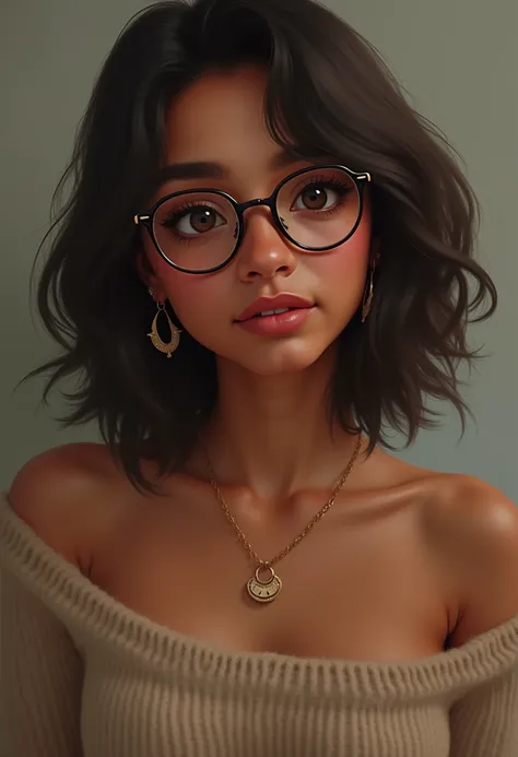  a girl in, 19 years old, apenas, Morena watching the spectator,   bare shoulders ,  brown eyes, jewelry, a necklace, off the shoulders, sweaters, Realist wears glasses  