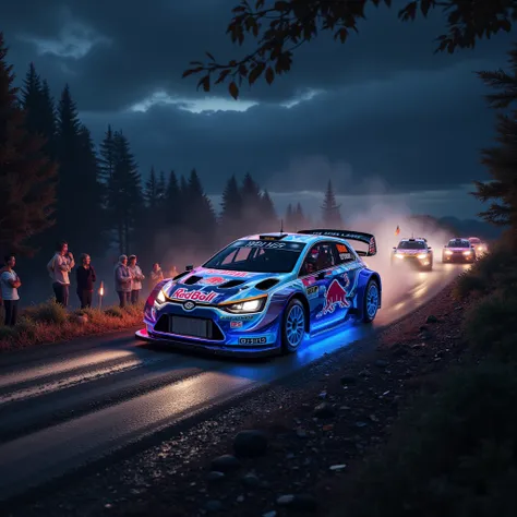 Ultra-realistic,Photorealistic,Dramatic Scene,Global Illumination,Dramatically depicts a night race of WRC rally cars on a dirt road at night. WRC rally cars decorated with holographic advertising designs race around the dirt road race course, the light tr...