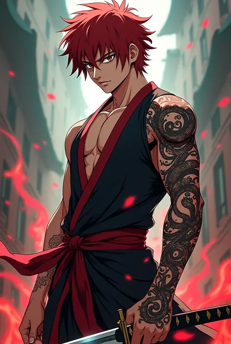 Raise a 17-year-old, high, muscular, reddish black hair, there is a katana, And a tattoo covering the right arm and with a black and red kimono. In the style of the anime Jujutsu Kaizen