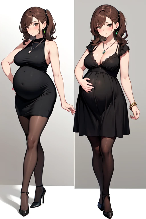 Sexy pregnant woman, brown hair, black dress, pantyhose, necklace, earrings, high heels 