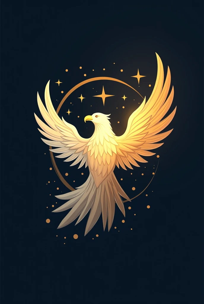 Celestial bird logo, minimalist style, flying upwards in a dynamic diagonal pose, wings open in a sharp 'V' shape, head raised towards the sky. Subtle golden aura around the body, feathers stylized as soft light rays, gradient colors from gold (divine wisd...