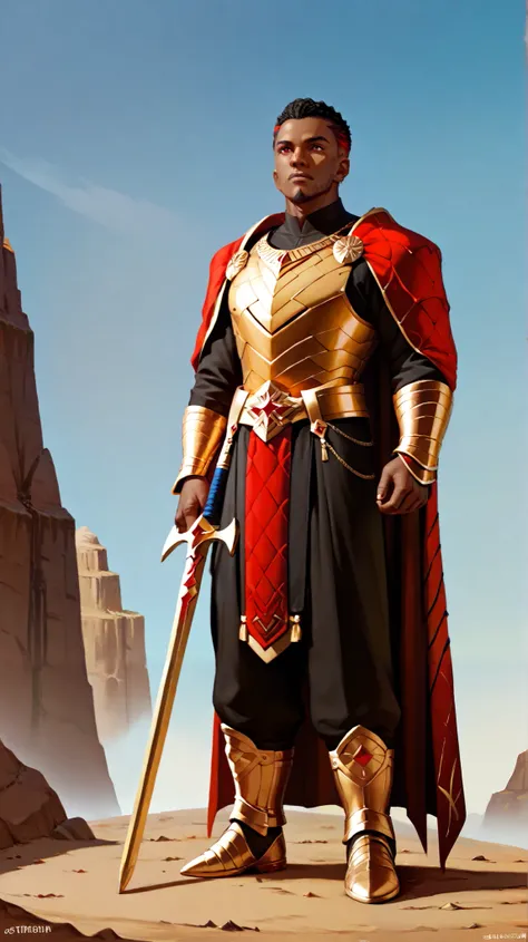 Create a dark-skinned African black man, With short black dread hair with red highlights, with goatee,  with blood red eyes , bronze armor with gold and diamond details, black stones looking up at the sky ,  full body image 