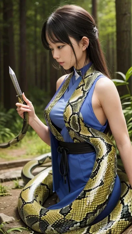 Nsfw、Snake Woman、((( lower body is a snake)))、沼の脇に座る、Deep in the forest、Hold a dagger in your hand、Holding a dagger、（Wear Japanese clothes )、(( girl&#39; sexual therapy:1.3)), ( slim and slender body line)、 thin waist,  detailed face、(  eyes and face with ...