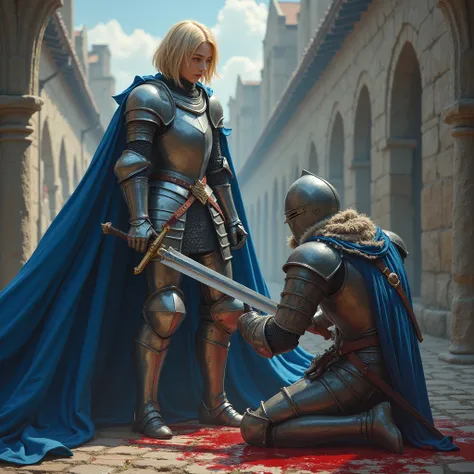 High resolution, masterpiece, photorealistic, a full armored 17-year-old female knight with blue eyes, blonde short hair, indomitable look wearing shiny medieval armour with blue cape and brandishing a sword. In front of her, a bloody wounded knight is kne...