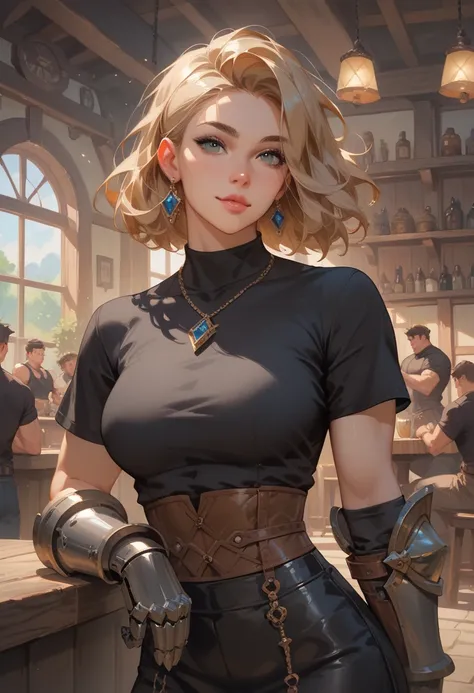 (masterpiece, high resolution, 2k resolution, best quality), (1girl, perfect anatomy, perfect face), Ogre woman with green skinn muscular in a black skirt, black shirt wearing metal gauntlets, in a tavern background.