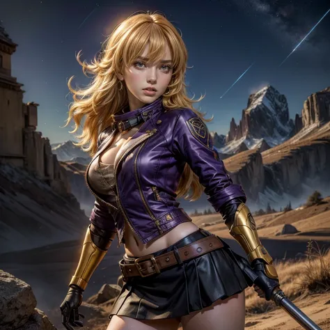 nighttime, stars, yangxiaolong, yang xiao long, smiling, long hair, blonde hair, (purple eyes:1.3), ahoge, bangs, BREAK cleavage, jacket, black skirt, belt, mechanical arms, single mechanical arm, prosthesis, prosthetic arm, BREAK standing in field, mounta...