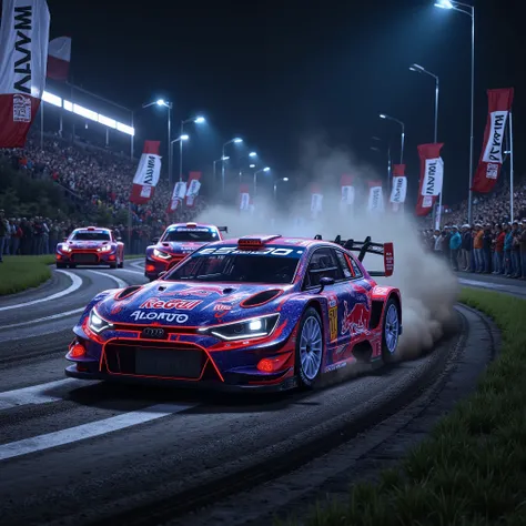 Dramatically depicts a night race of WRC rally cars on a dirt road at night. WRC rally cars decorated with holographic advertising designs race around the dirt road race course, the light trails left by the headlights of the WRC rally cars during the race,...