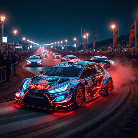 Dramatically depicts a night race of WRC rally cars on a dirt road at night. WRC rally cars decorated with holographic advertising designs race around the dirt road race course, the light trails left by the headlights of the WRC rally cars during the race,...