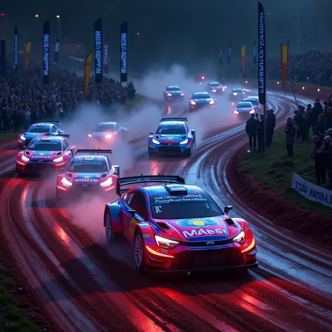 Dramatically depicts a night race of WRC rally cars on a dirt road at night. WRC rally cars decorated with holographic advertising designs race around the dirt road race course, the light trails left by the headlights of the WRC rally cars during the race,...